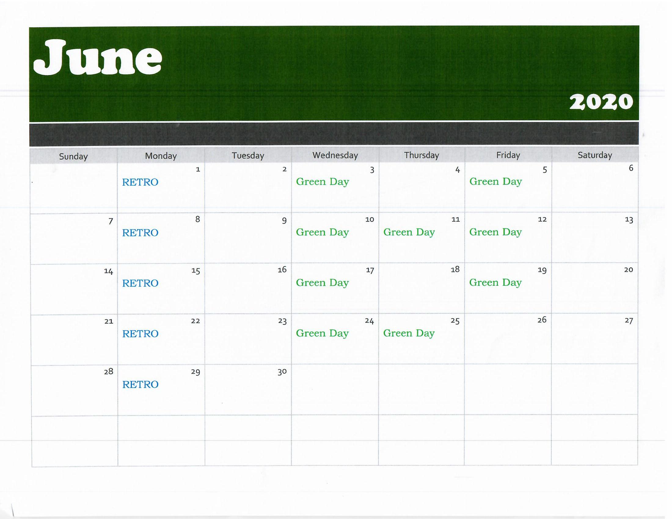 June Golf Calendar