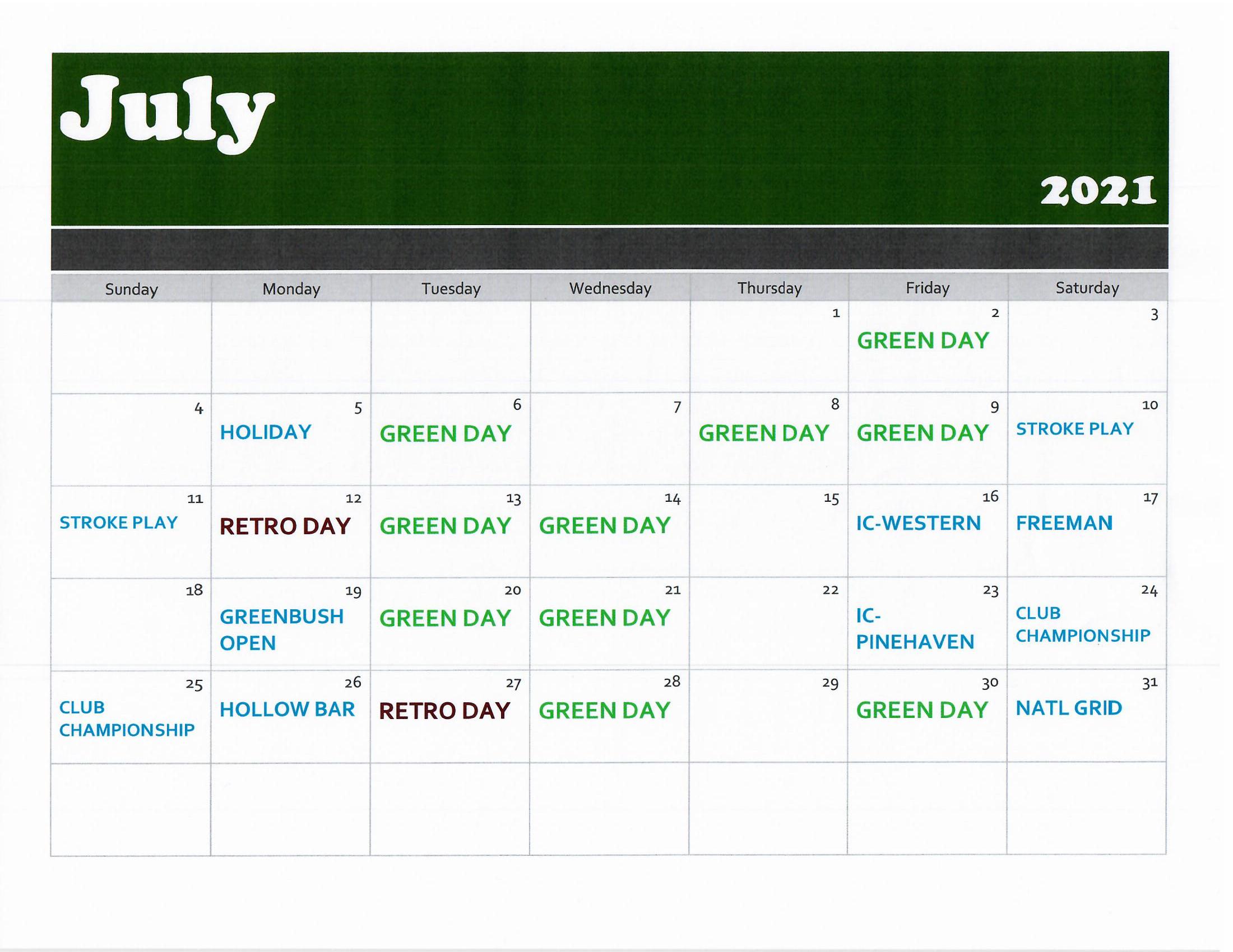 July golf calendar