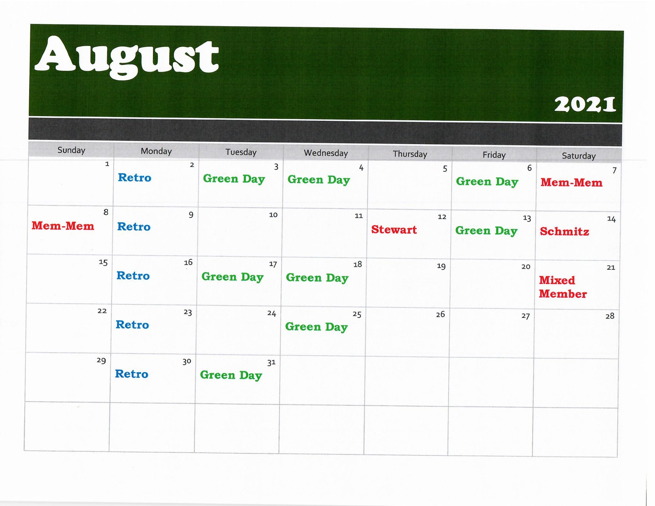 August golf calendar