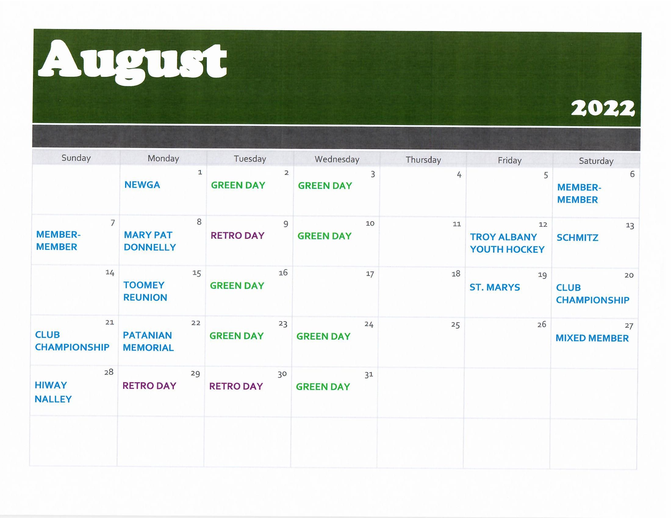 August golf calendar