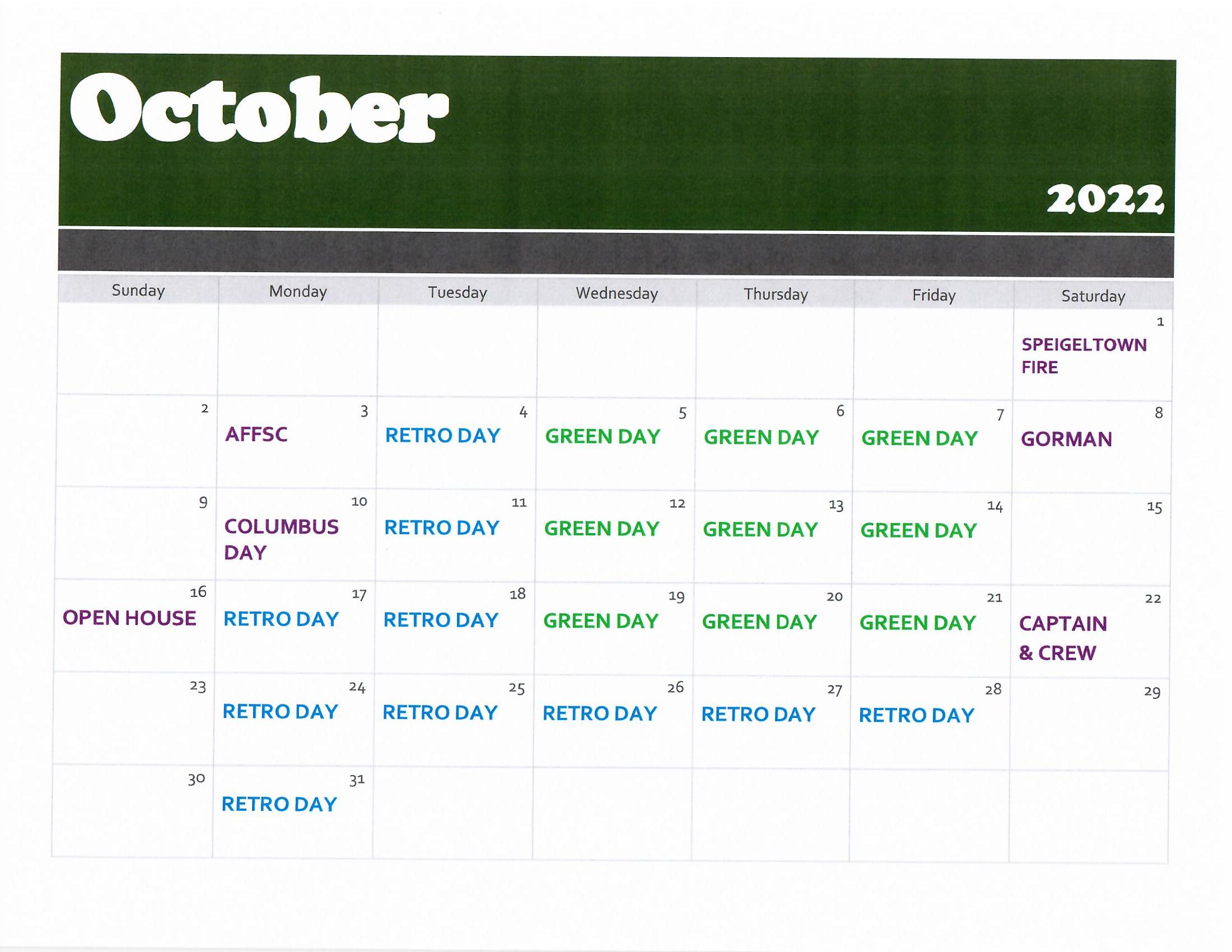 October golf calendar