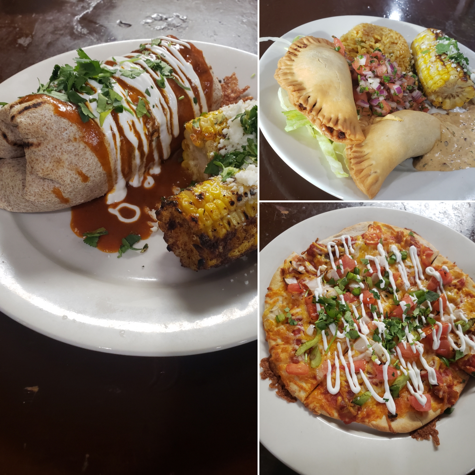 Image of three plates of food. Burrito, Pizza, and Empanadas. 