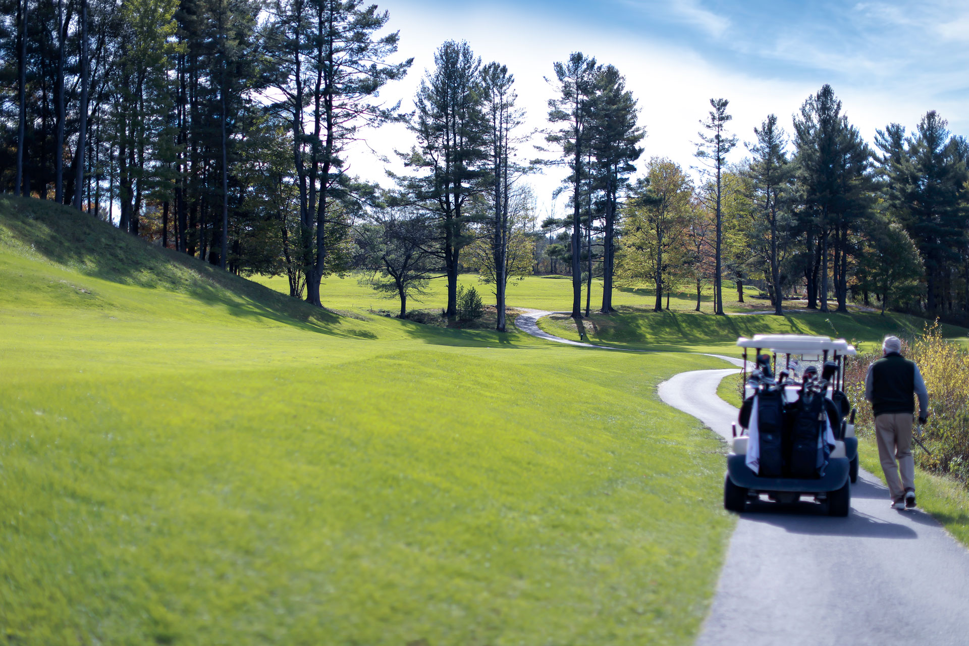 golf cart with a person walking alongside, surrounded by green